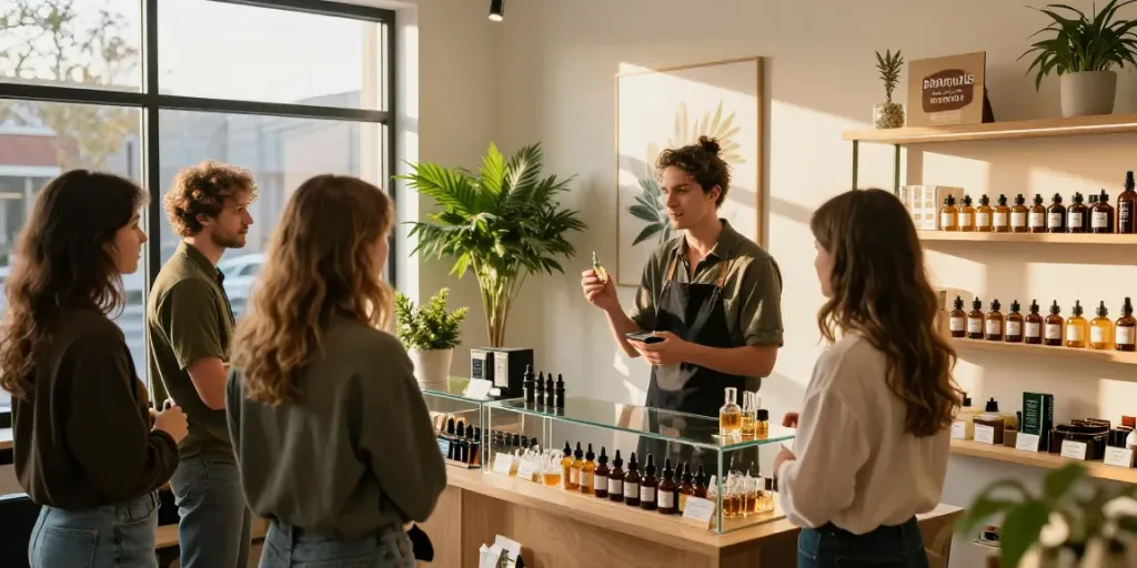 Cannabis concentrates in UK displayed at a trendy dispensary with knowledgeable staff helping customers.
