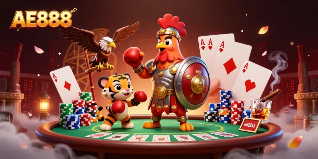 Engage in thrilling AE888 poker adventures with captivating characters and vibrant casino elements.
