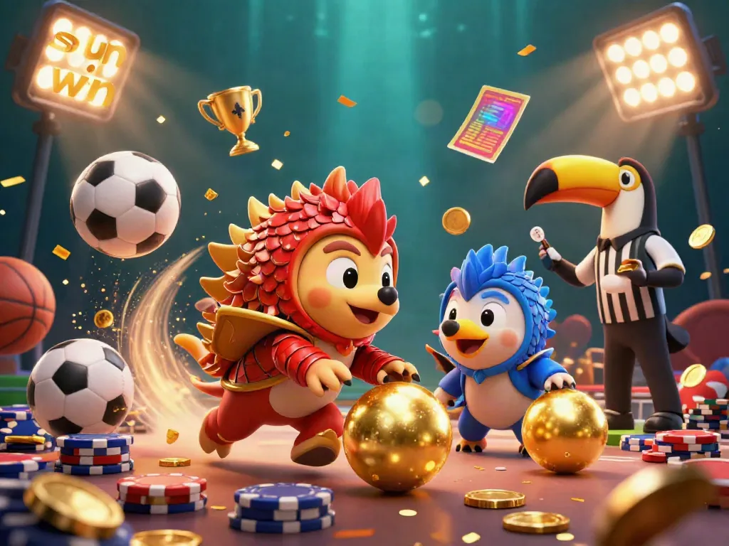 Experience the excitement of sun win as dynamic pangolins bowl golden balls amidst poker chips in this lively casino scene.