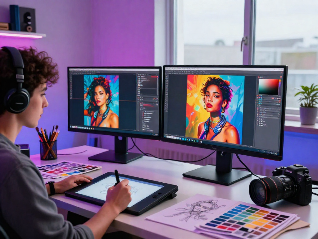 Artist creating NSFW AI digital art in a vibrant modern studio with dual monitors and ambient lighting.