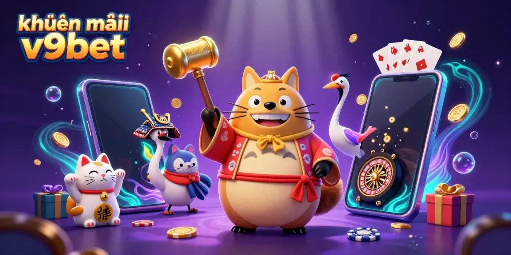 Participate in khuyến mãi v9bet with festive illustrations of lucky characters and vibrant casino elements.