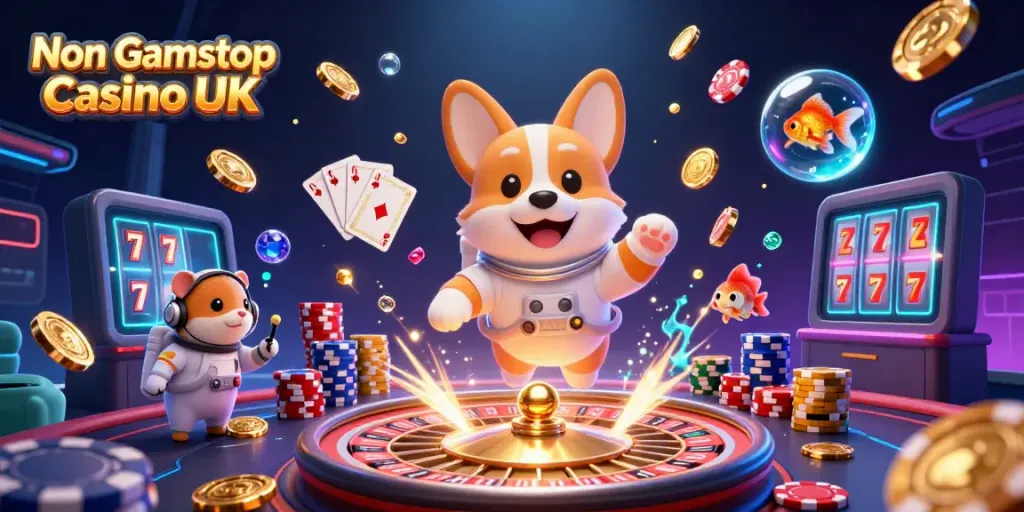 Experience thrilling action in a Non Gamstop Casino UK scene with a floating corgi and casino elements.