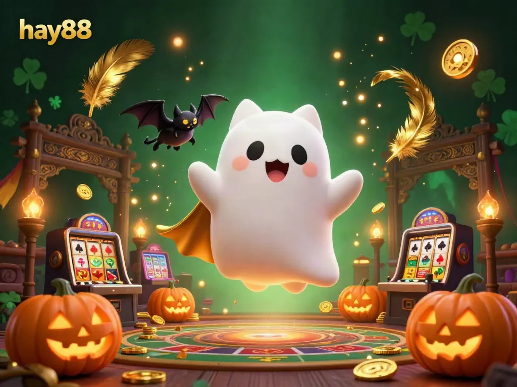 Experience the magical charm of a haunted casino with the hay88 ghost cat and bat, amidst glowing gaming elements.