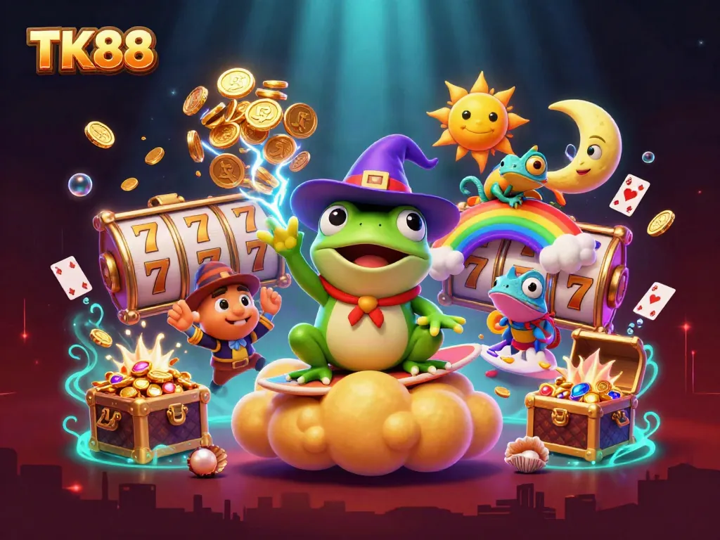 Experience the excitement of TK88 with vibrant characters amidst spinning slot reels and treasure-filled scenes.