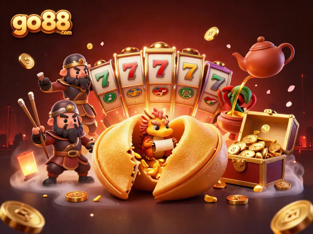 Engage with go 88 com as a wise dragon unveils fortunes from a golden cookie amidst vibrant casino elements.