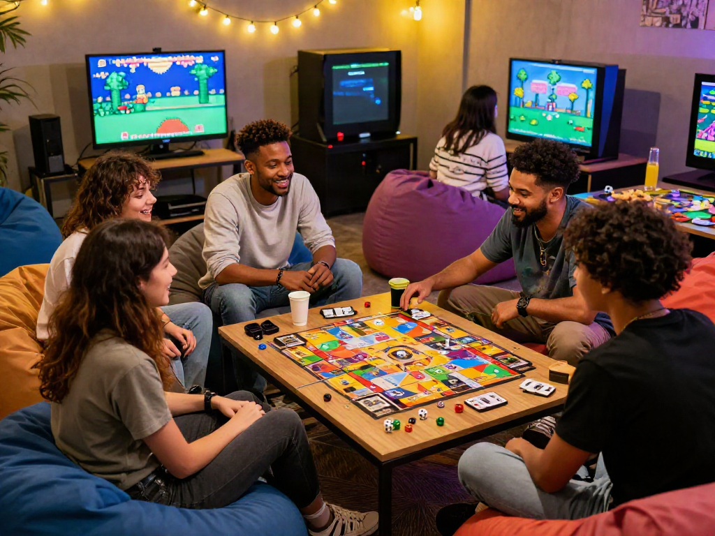 Group of friends enjoying an adult game night, surrounded by colorful board games and snacks.