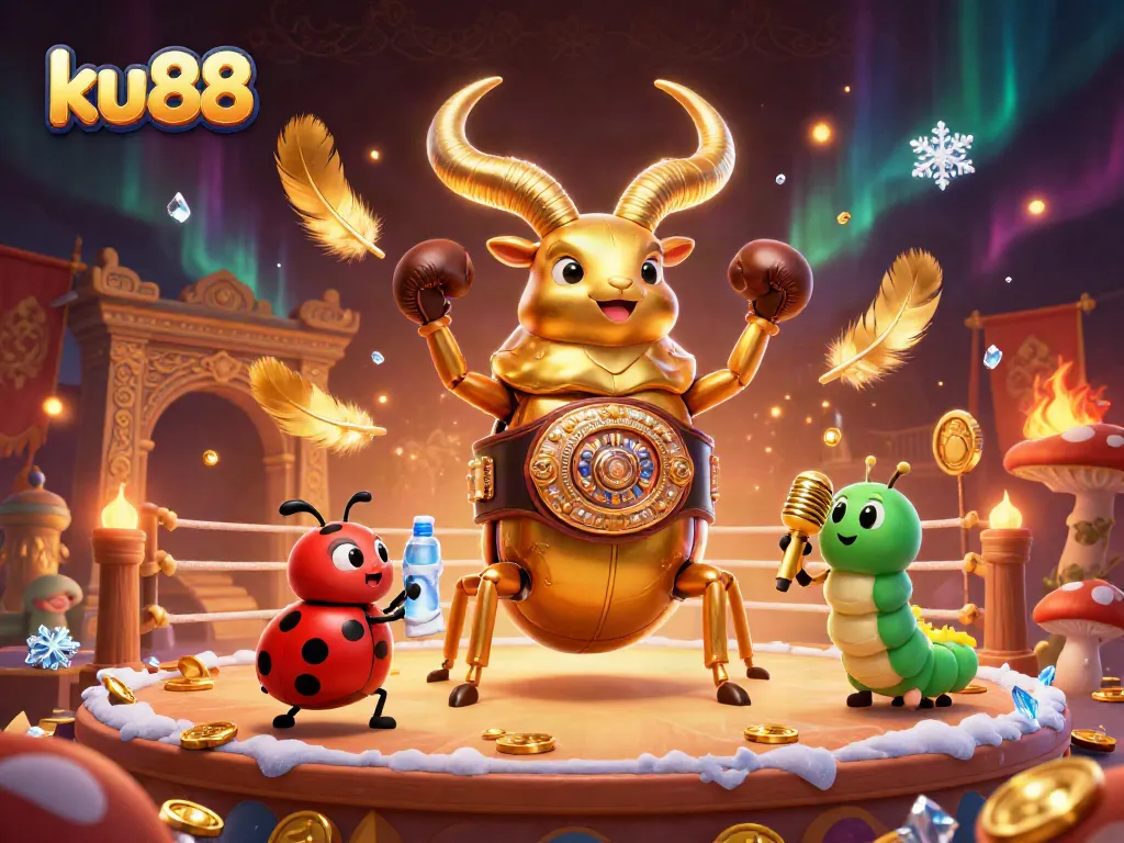ku88 showcases an exciting 3D illustration of a champion beetle in a dynamic arena surrounded by casino game elements, emphasizing thrilling gambling action.