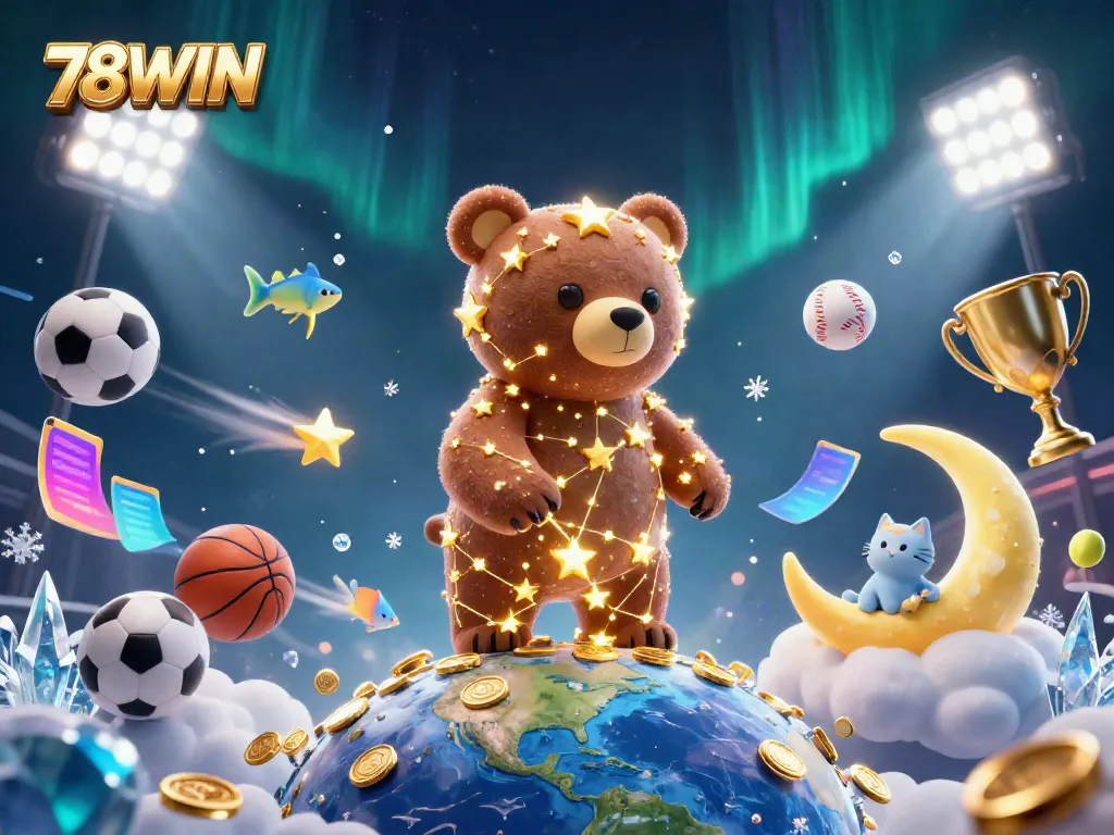 Experience the enchanting 78WIN universe, where the constellation bear scoops up coins amidst vibrant sports elements in a stellar scene.
