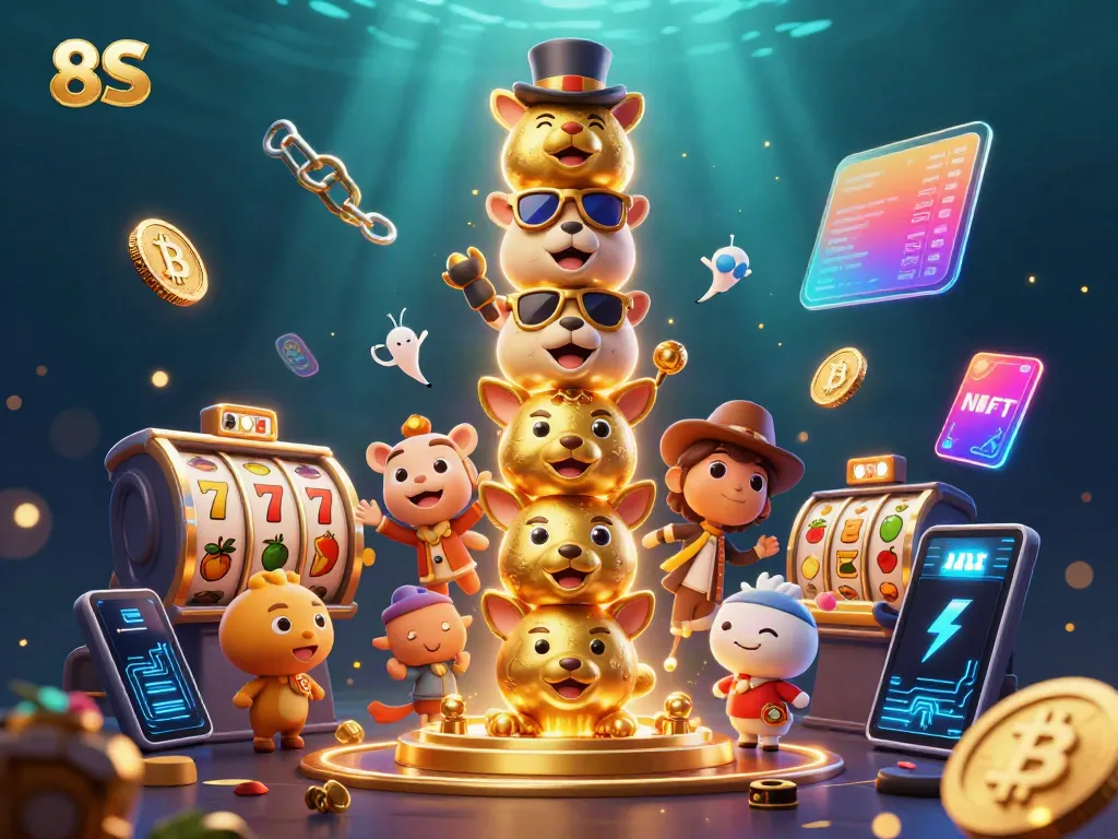 Engage with 8S in this vibrant casino illustration showcasing slot reels and Bitcoin.