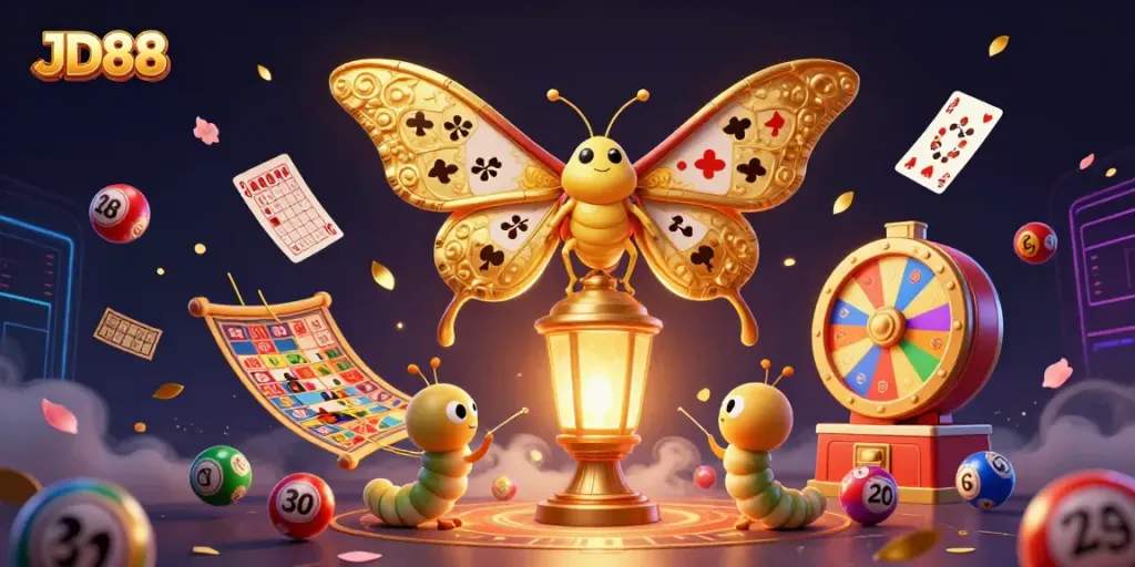Immerse in JD88's vibrant casino world with a spectacular 3D illustration featuring animated elements of playful lottery balls and golden lucky symbols.