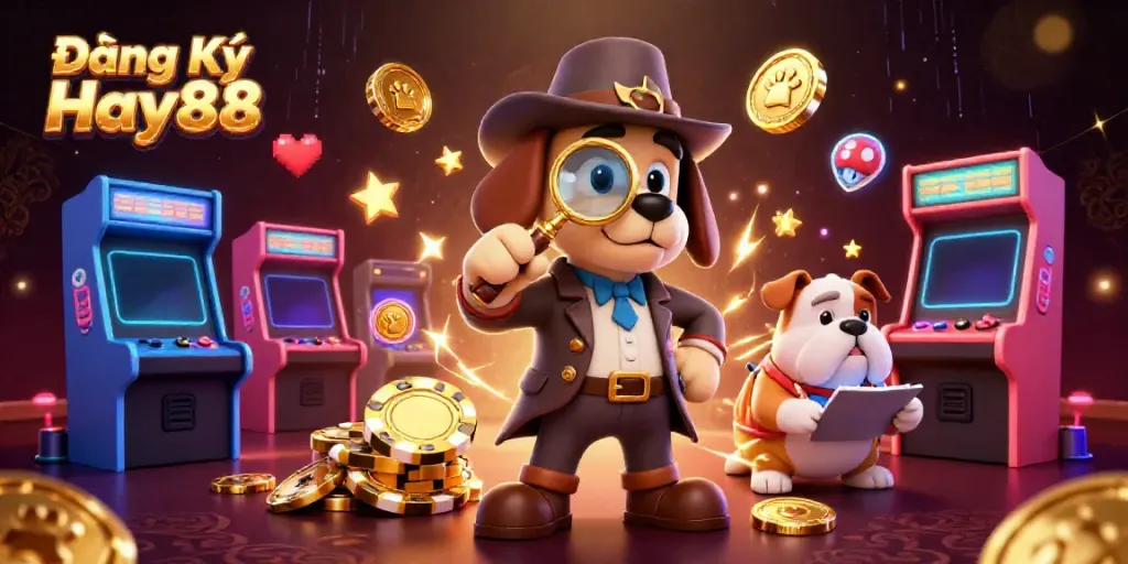Engage in the thrill of Đăng Ký Hay88 as a detective discovers golden poker chip clues amidst colorful gaming machines.