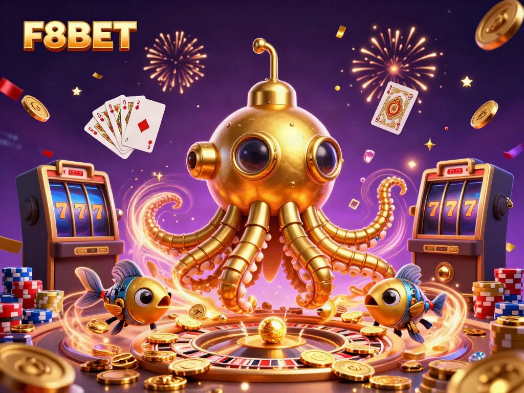 Experience F8BET with a golden kraken submarine amidst cascading rewards and casino game elements.