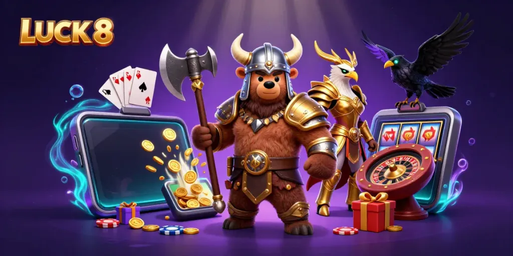 LUCK 8 showcases an exciting 3D cartoon scene of a Viking bear, Valkyrie eagle, and slot game elements.
