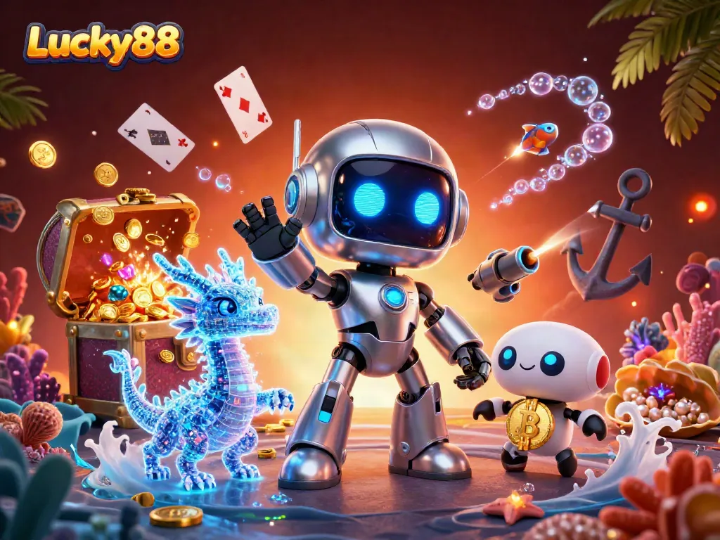 Experience thrilling wins with Lucky88 as the cyberpunk mascot and AI dragon navigate a treasure-filled underwater world.