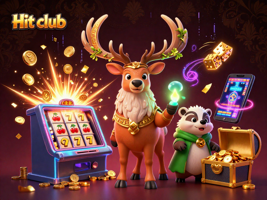 Experience the excitement of Hit club with a vibrant 3D casino scene filled with jackpots and magical characters.