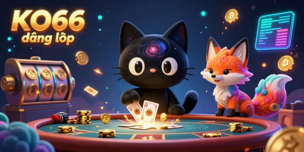 Experience thrilling gameplay with KO66 đăng nhập as the black hole cat pulls in golden chips and cards at a cosmic casino.