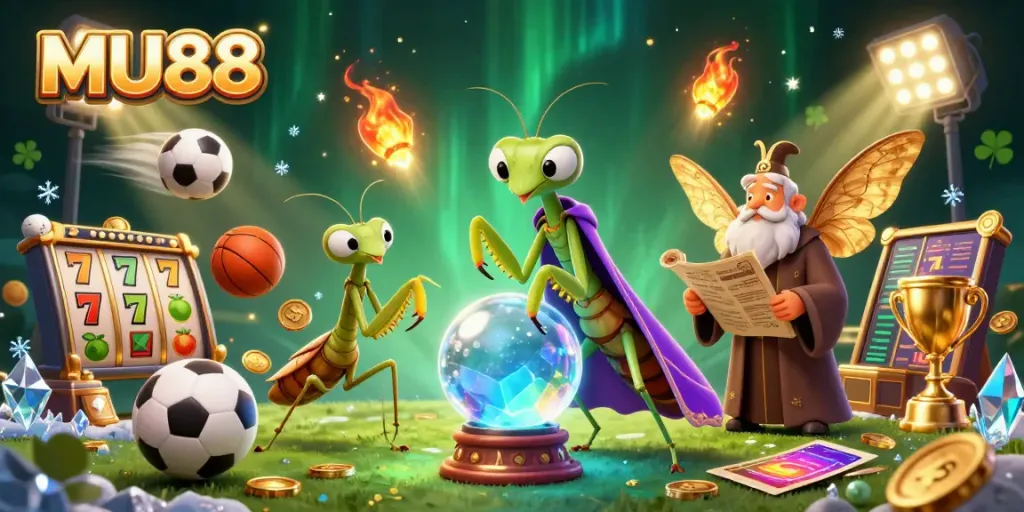 Engage with MU88 through this vibrant 3D illustration showcasing a mystical fortune teller and thrilling casino games.
