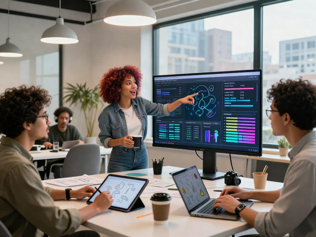 Creative team discussing innovative nsfw ai content generation in a modern workspace.