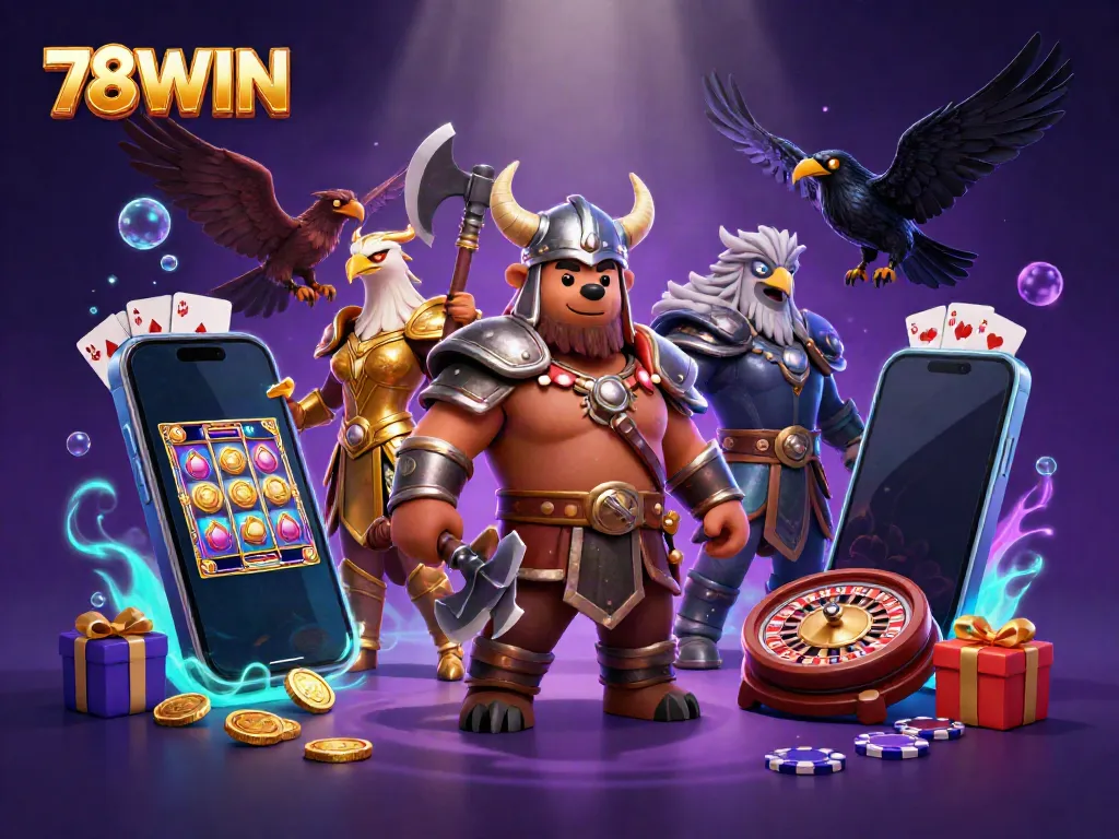 Experience the excitement of 78WIN with a vibrant 3D illustration showcasing thrilling casino elements.