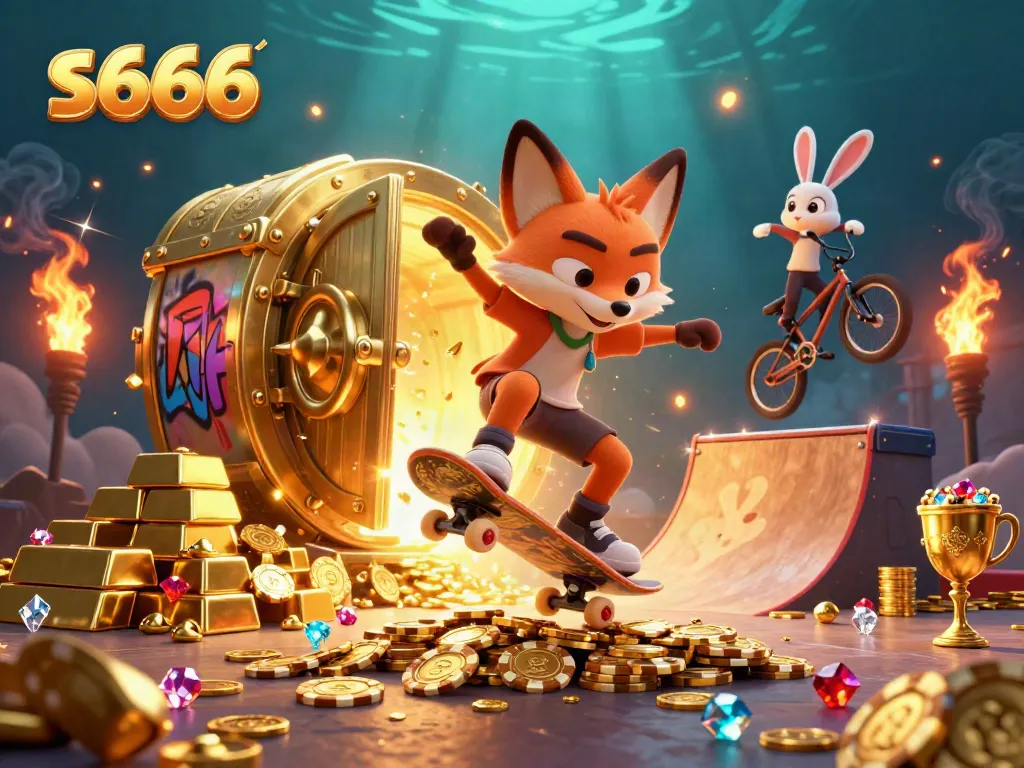 Experience exhilarating gaming action with s666 in a vibrant 3D illustration featuring skateboarding animals in a casino setting.