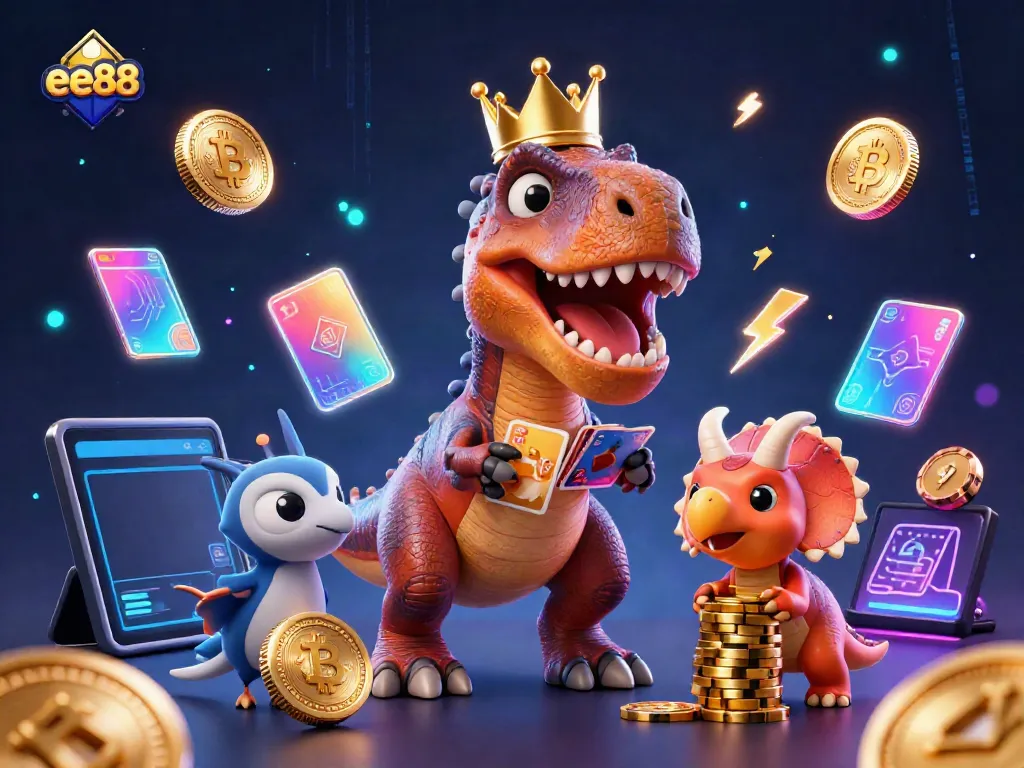 Engage with ee88 at an exciting online casino where a T-Rex shuffles cards and playful dinosaurs stack chips.