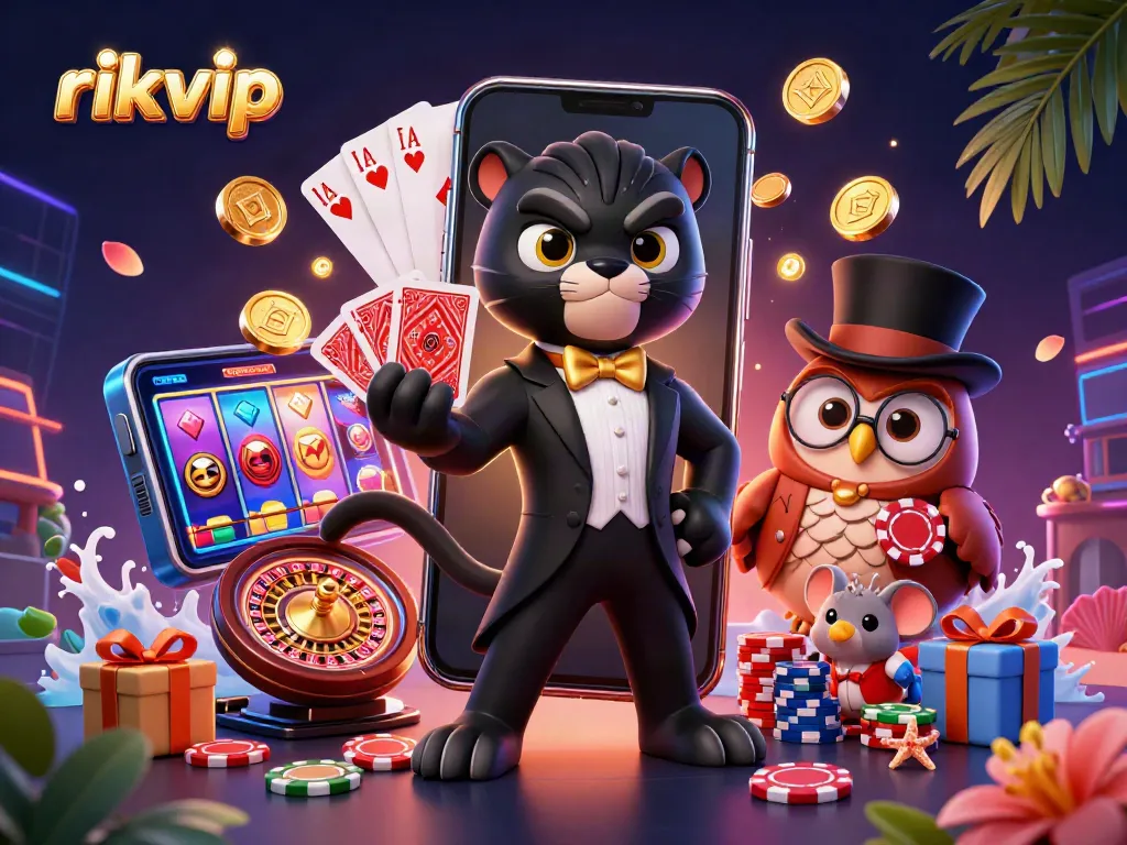rikvip offers exciting online gaming with a 3D scene of vibrant characters and dynamic casino elements