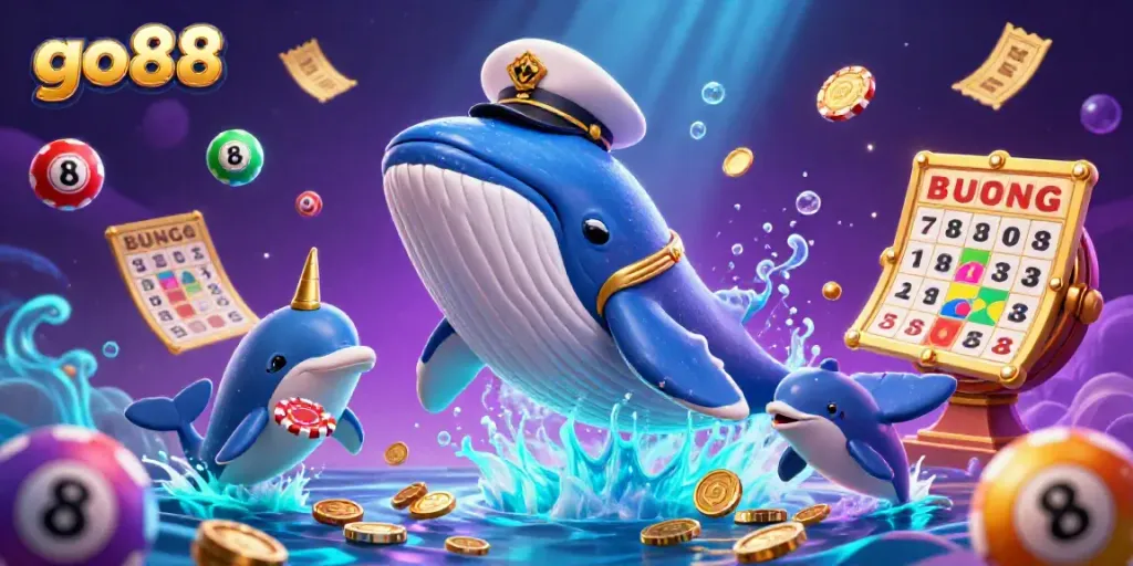 Experience the vibrant world of go88 online gaming with a whimsical underwater scene of a whale, narwhal, and dolphins.