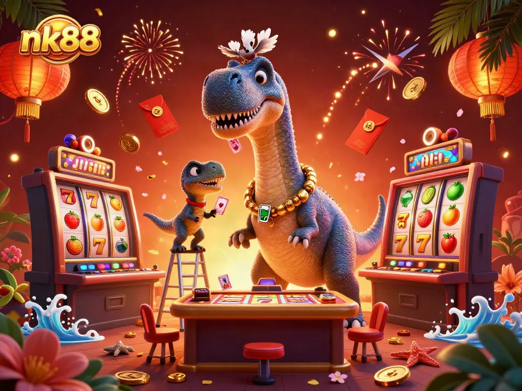 Engage in slots excitement with nk88, featuring vibrant characters and gaming elements.