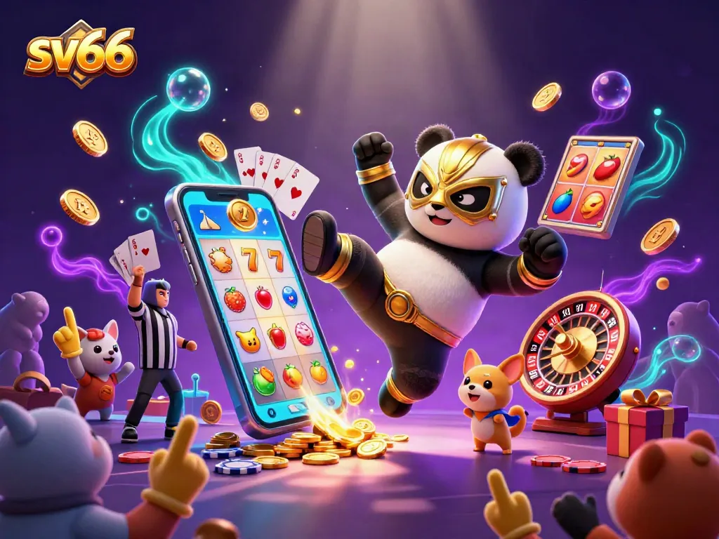 Engage with sv66 slot games featuring a panda wrestler flying kick amidst vibrant casino elements
