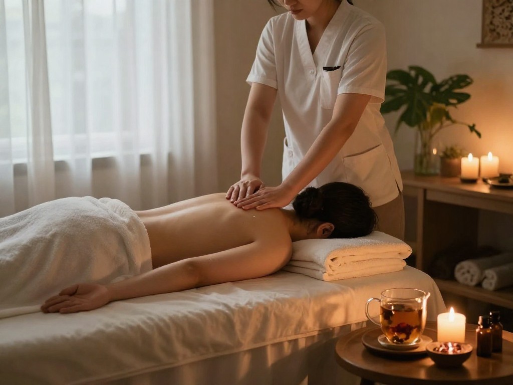 Experience a relaxing 수지출장마사지 in a serene home spa setting with soothing elements.