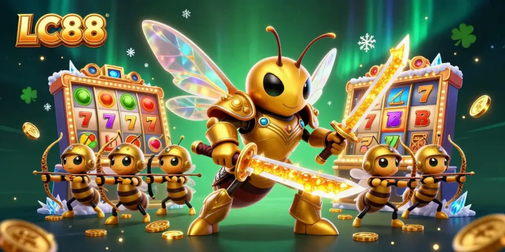 Engage in thrilling slots at LC88 with a golden hornet samurai, spinning reels, and sparkling coins.