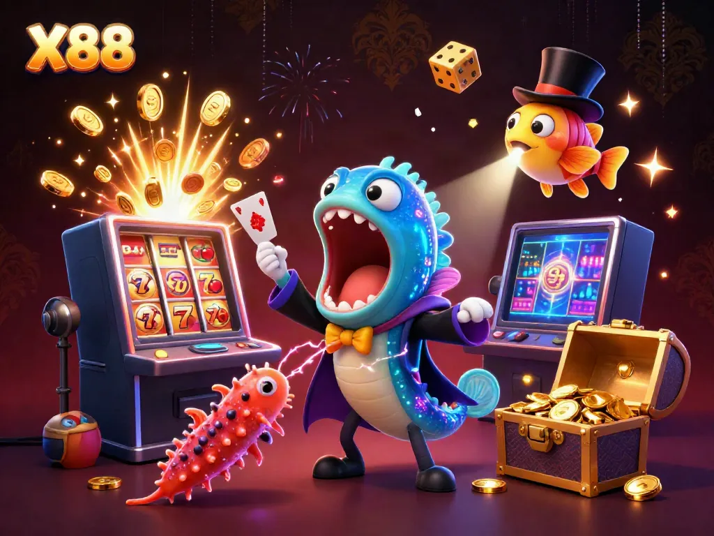 X88 themed 3D illustration with magical sea creatures performing casino tricks, vibrant dynamic scene.