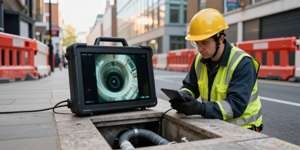 CCTV Drainage Surveyors London inspecting underground pipes with advanced equipment in an urban environment.