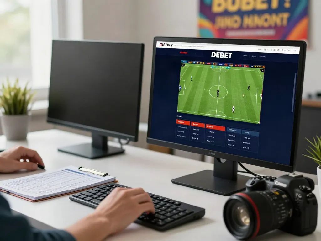 Engaging DEBET online gambling scene with user placing a soccer bet on a computer screen.