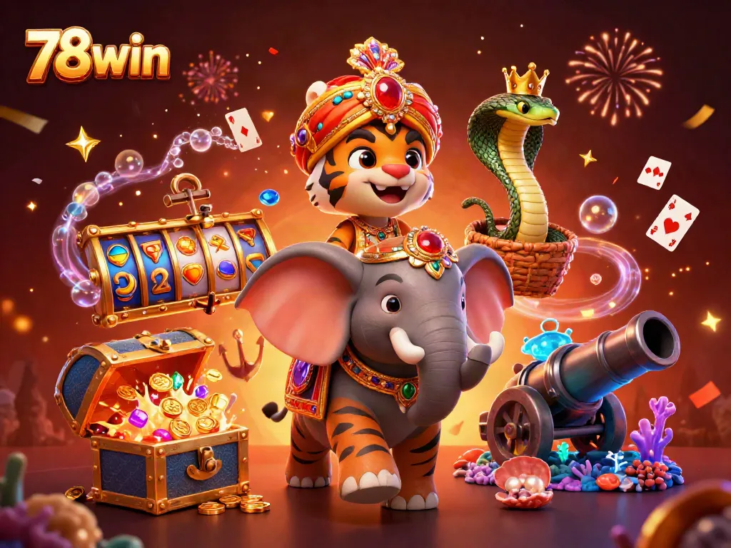 Experience excitement and rich colors with 78win's vibrant online casino adventure, showcasing majestic characters and festive elements.
