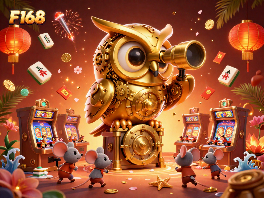 Experience thrilling gambling vibes with F168's captivating casino floor featuring golden owl and lively characters.