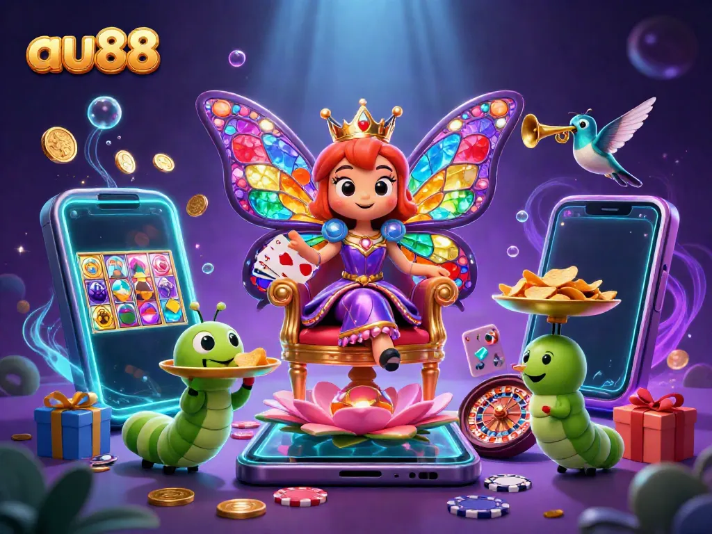 Engage with vibrant gaming action at au88, featuring a whimsical butterfly queen amidst slot games and shimmering rewards.