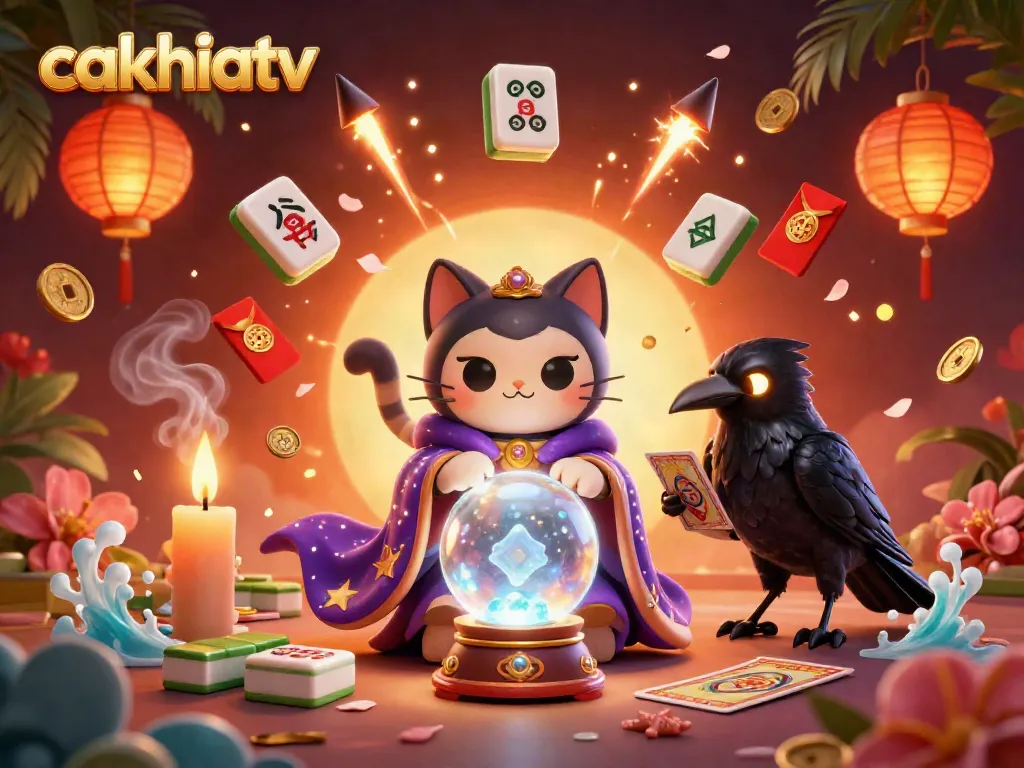 Cakhiatv engages viewers with a vibrant scene of a fortune teller cat, glowing raven, and magical elements.