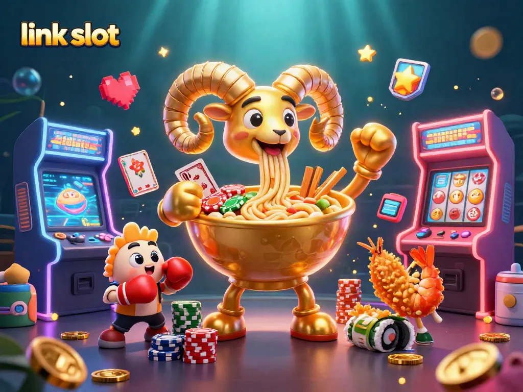 Engage with the exciting link slot world as a giant ramen bowl deals cards amidst vibrant casino elements.