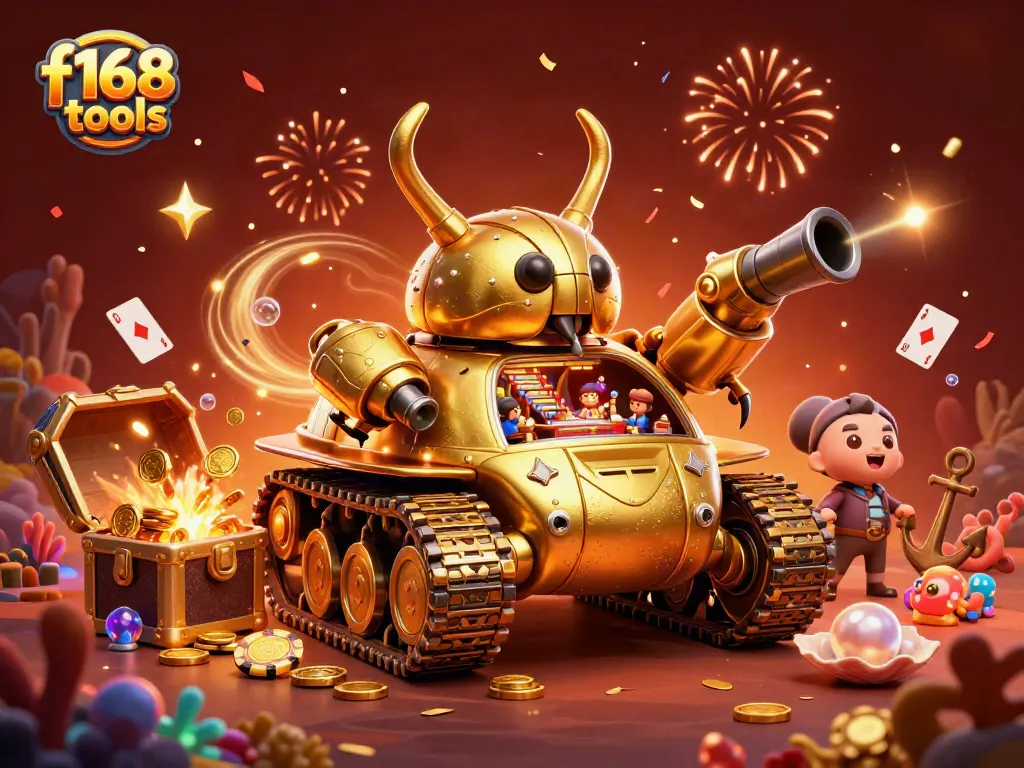 Experience the excitement of f168 tools in a vibrant 3D casino illustration with golden elements and confetti.