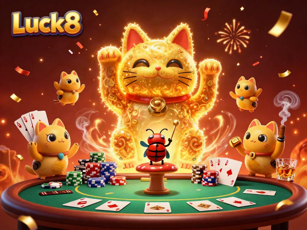 Experience the luck at Luck8 with a magical lucky cat animation in a vibrant casino setting.