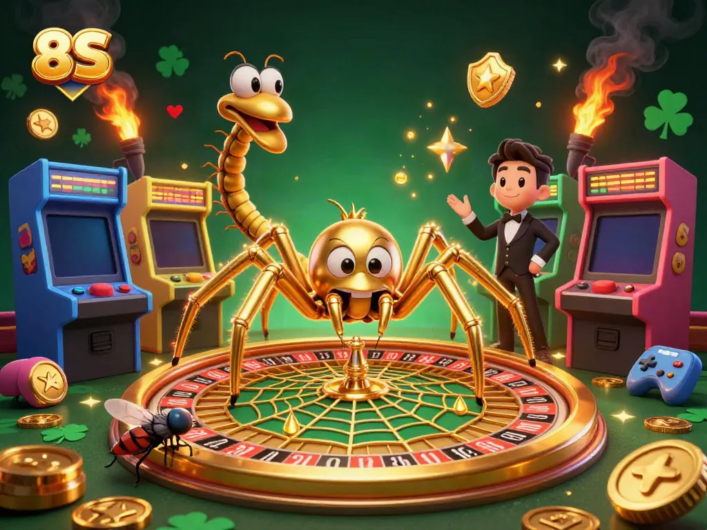 Experience thrilling betting action at 8S with a dynamic scene of a spider croupier and colorful games.