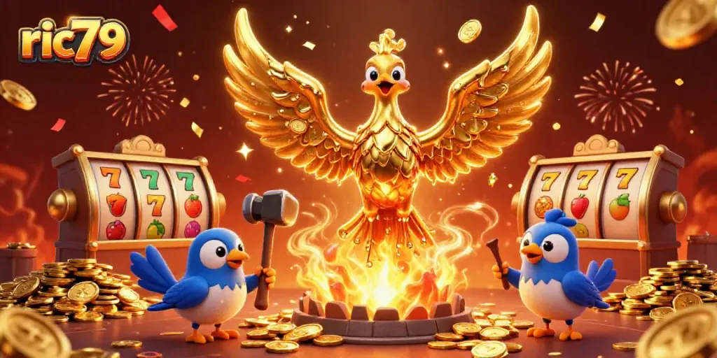 Engage with ric79's vibrant slot scene featuring a golden phoenix and exciting jackpot elements.