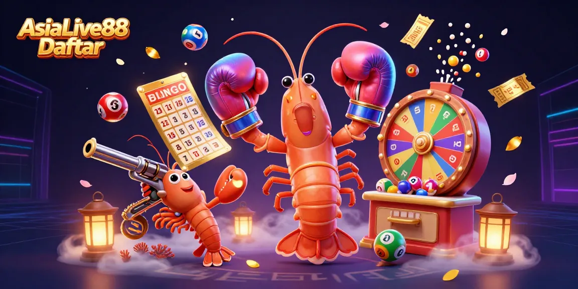 Engage in thrilling gaming action with AsiaLive88 Daftar's vibrant lottery elements and animated characters.