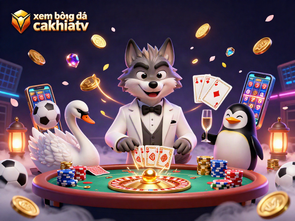 xem bóng đá cakhiatv showcases an animated scene of betting excitement with a wolf, swan, and penguin in a dynamic casino.