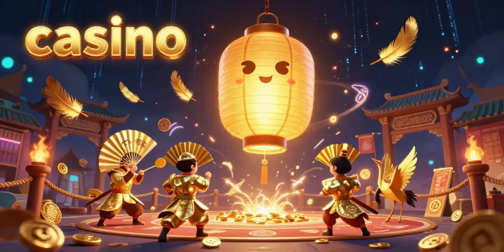 Experience a vibrant casino scene with a magical lantern spirit and paper fan warriors.