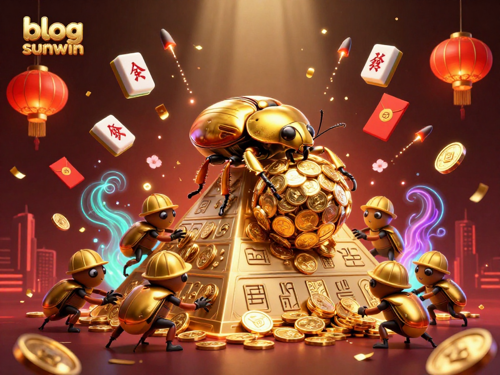Win big with blog sunwin in this dynamic 3D casino illustration featuring golden coins and festive symbols.
