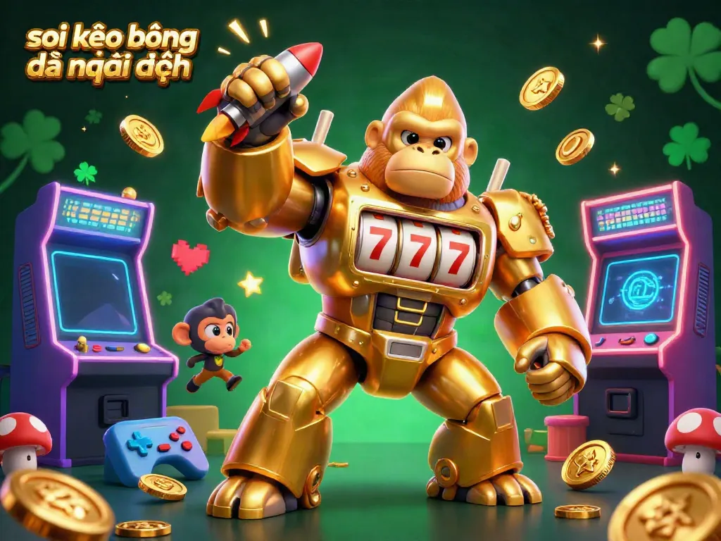 Soi kèo bóng đá mới nhất illustrated by a golden gorilla mech with slot machine parts and coins.
