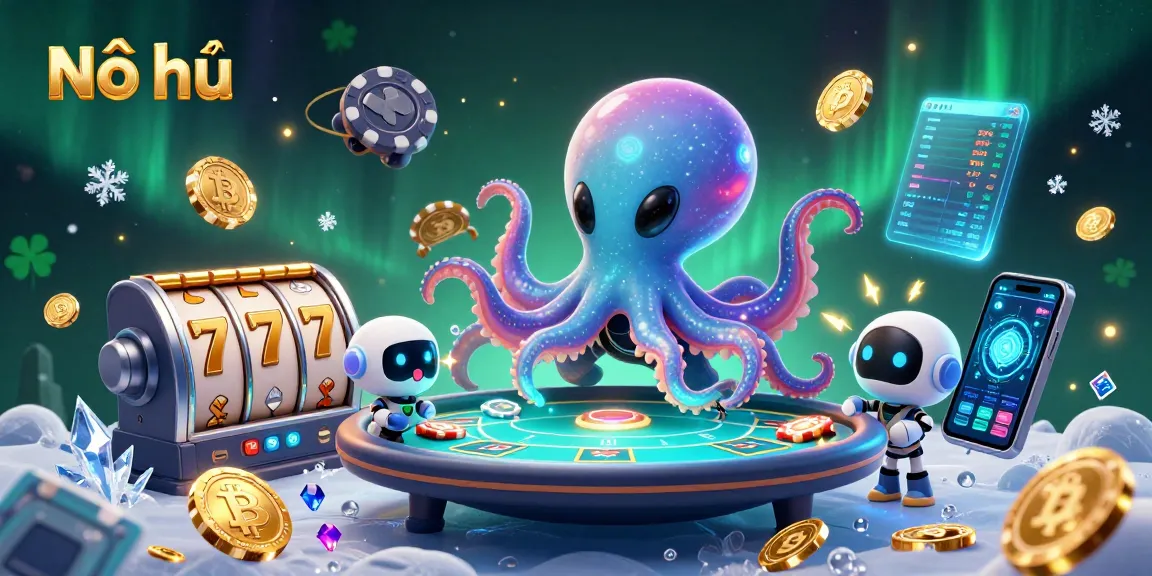 Nổ hũ brings excitement with alien octopus at a holographic poker table surrounded by rich, glowing slot game elements.