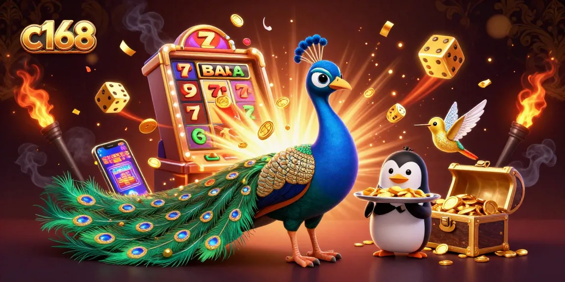 Engage with exciting slots at c168 featuring a colorful 3D peacock and gold chips.